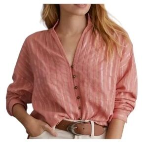 Pilcro Anthropologie The Tavi Button Down Blouse Coral Silver Stripe Peach Large